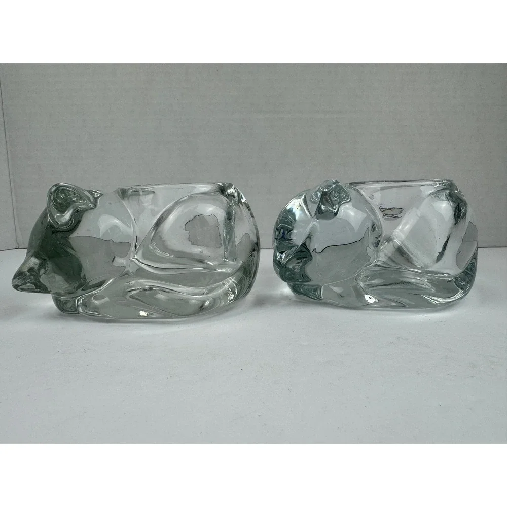 Vintage Indiana Glass Clear Sleeping Cat Votive Tea Light Candle Holders Set 2